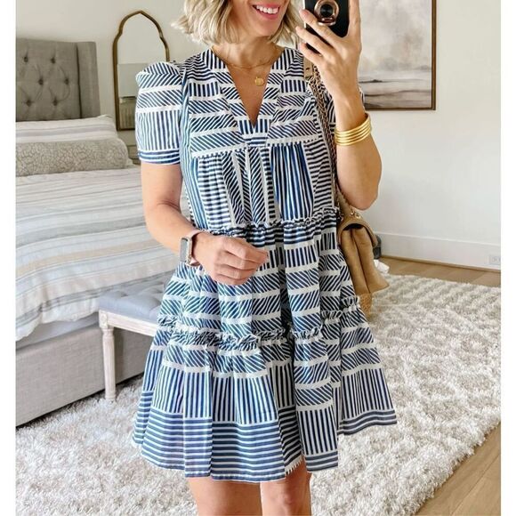 AQUA Puff Sleeve Mini Dress Navy White size M - Picture 1 of 7